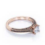 Three Sided Pave - 1.35 TCW Princess Cut Moissanite with Lab Created Black Diamond - Milgrain Decorated Engagement Ring in Rose Gold