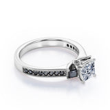 Trilogy Cathedral Prong - 1.4 TCW Princess Cut Moissanite with Lab Created Black Diamond - Milgrain Pave Channel Engagement Ring  in White Gold