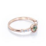Elegant 7 Stone Ring 0.6 carat Round Moss Agate and Moissanite Bezel Engagement Ring in White Gold