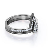 Classy Minimalist 0.7 carat Kite Shape Moissanite and Diamond Bridal Ring Set in Black Gold