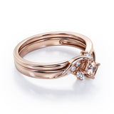 Petite Pave-Channel - 0.55 TCW Rhombus Princess Cut Morganite and Moissanite - Prong Tensioned Wedding Ring Set -  Rose Gold