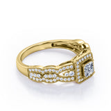 Triple Curved Pave Band - 0.5 TCW Princess Cut Diamond - Milgrain Halo-Channel Engagement Ring - 10K Black Gold