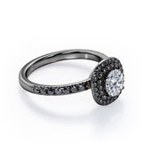 Cushion Double Halo - 1.5 TCW Round Cut Moissanite with Lab Created Black Diamond - Engagement Ring with Pave Accents in White Gold