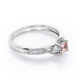Double Curved Line Milgrain 0.55 carat Princess Morganite and Moissanite Dainty Engagement Ring in Rose Gold