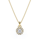 Six Prong Bezel Set 1.10 Carat Round Certified Moissanite and Diamond Halo Pave Pendant Necklace with Chain in Rose Gold