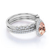 Sale: Huge 2 Carat Morganite and Diamond Flower Leaf Affordable Trio Wedding Set for Women in White Gold