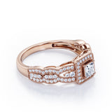 Triple Curved Pave Band - 0.5 TCW Princess Cut Diamond - Milgrain Halo-Channel Engagement Ring - 10K Black Gold