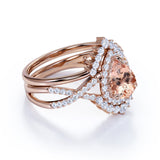 Infinity 1.75 ct Pear Morganite Halo Art Deco Wedding Set