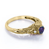 Non Traditional Three Stone 1 Carat Round Cut Lab Created Alexandrite and Diamond Art Deco Filigree Engagement Ring in White Gold for Women