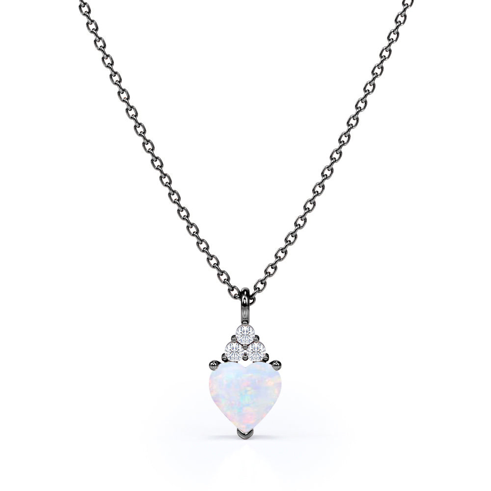 Delicate 1.05 Carat Heart Shaped Ethopian Opal and Diamond Three Prong Pendant Necklace In White Gold For Her.