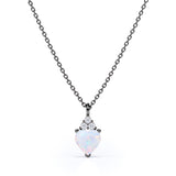 Delicate 1.05 Carat Heart Shaped Ethopian Opal and Diamond Three Prong Pendant Necklace In White Gold For Her.
