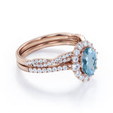 1.65 Carat Huge Oval Cut Aquamarine And Diamond Halo Wedding Ring Set In White Gold