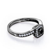 Flush-Prong Halo 1.25 Carat Round Cut Black Diamond Milgrain-Edged Pave Channel Engagement Ring in White Gold
