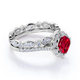 Floral Styled Eternity 2 Carat Cushion Cut Lab Ruby and Diamond Halo Wedding Set with Art Deco Band in White Gold
