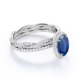 Antique Design 2.25 Carat Oval Cut Sapphire and Diamond Halo Wedding Set with Infinity Band in White Gold