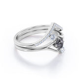 Asymmetrical Bypass 0.85 Carat Round Cut Black Rutilated Quartz and Diamond Contour Pave Bridal Set Rings