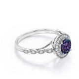 Beaded Vintage 1.40 Carat Round Cut Lab Created Alexandrite And Diamond Halo Engagement Ring In White Gold