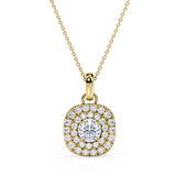 Classic Prong Set 1.50 Carat Round Certified Moissanite and Diamond Double Halo Stud Pendant Necklace in Yellow Gold
