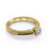 Edwardian Style - 1.25 TCW Round Cut Moissanite with Lab Created Black Diamond - Milgrain Bordered Engagement Ring in White Gold