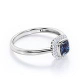 Minimal Halo 1.25 Carat Cushion Cut Lab Created Alexandrite And Diamond Bezel Set Engagement Ring In White Gold For Women