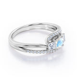 Shared Prongs 1 carat Princess Moonstone and Moissanite Split Shank Band Engagement Ring in White Gold