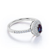 Classic Double Halo 1.50 Carat Oval Cut Simulated Blue Alexandrite and Diamond Semi Eternity Pave Engagement Ring in White Gold