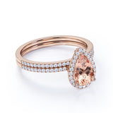Classic 1.5 Carat Pear Cut  Peach Morganite and Diamond Bridal Set with Matching Wedding Band in 10k Rose Gold