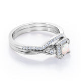 Cushion Halo Prong - 0.85 TCW Princess Cut Opal and Moissanite - Infinity Split Shank Wedding Ring Set -  White Gold
