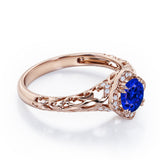 Modern Art Deco 1.10 Carat Round Cut Sapphire And Diamond Cushion Framed Halo Engagement Ring In Rose Gold