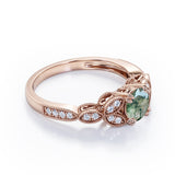 Floral Pattern 1.35 Carat Round Cut Green Moss Agate And Diamond Beaded Art Deco Engagement Ring In White Gold