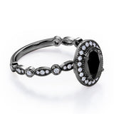Antique Art Deco 1.35 Carat Oval Cut Black Diamond Halo Engagement Ring In Black Gold
