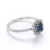 Antique Flower Cluster 1.50 Carat Cushion Cut Lab Created Blue Alexandrite and Diamond Halo Pave Engagement Ring in White Gold for Her