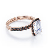 Pave Style - 1.75 TCW Emerald Cut Moissanite with Lab Created Black Diamond - Halo Setting Wedding Ring Set in Black Gold