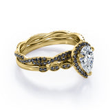 Eternity Crossover 1.75 TCW Pear Shaped Moissanite with Lab Created Black Diamond Halo-Vintage Style Wedding Ring Set in White Gold