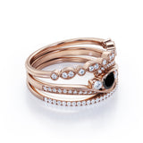 Artdeco 1.75 Carat Round cut Lab Black Diamond Trio Wedding Bridal Ring Set Rose Gold