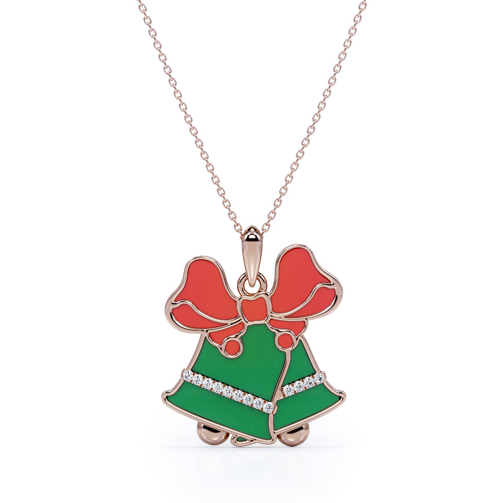 Christmas Jingle Bell Diamond Enamel Pendant Necklace in 18K White Gold Plating over Silver