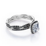 Eternity Crossover - 1.75 TCW Cushion Cut Moissanite with Lab Created Black Diamond - Halo Pave Setting Wedding Set in White Gold