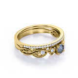 Minimalist Leaf Design 0.75 Carat Round Cut Genuine Black Grey Salt and Pepper Diamond Filigree with Diamond Pave Band Wedding Set Rings