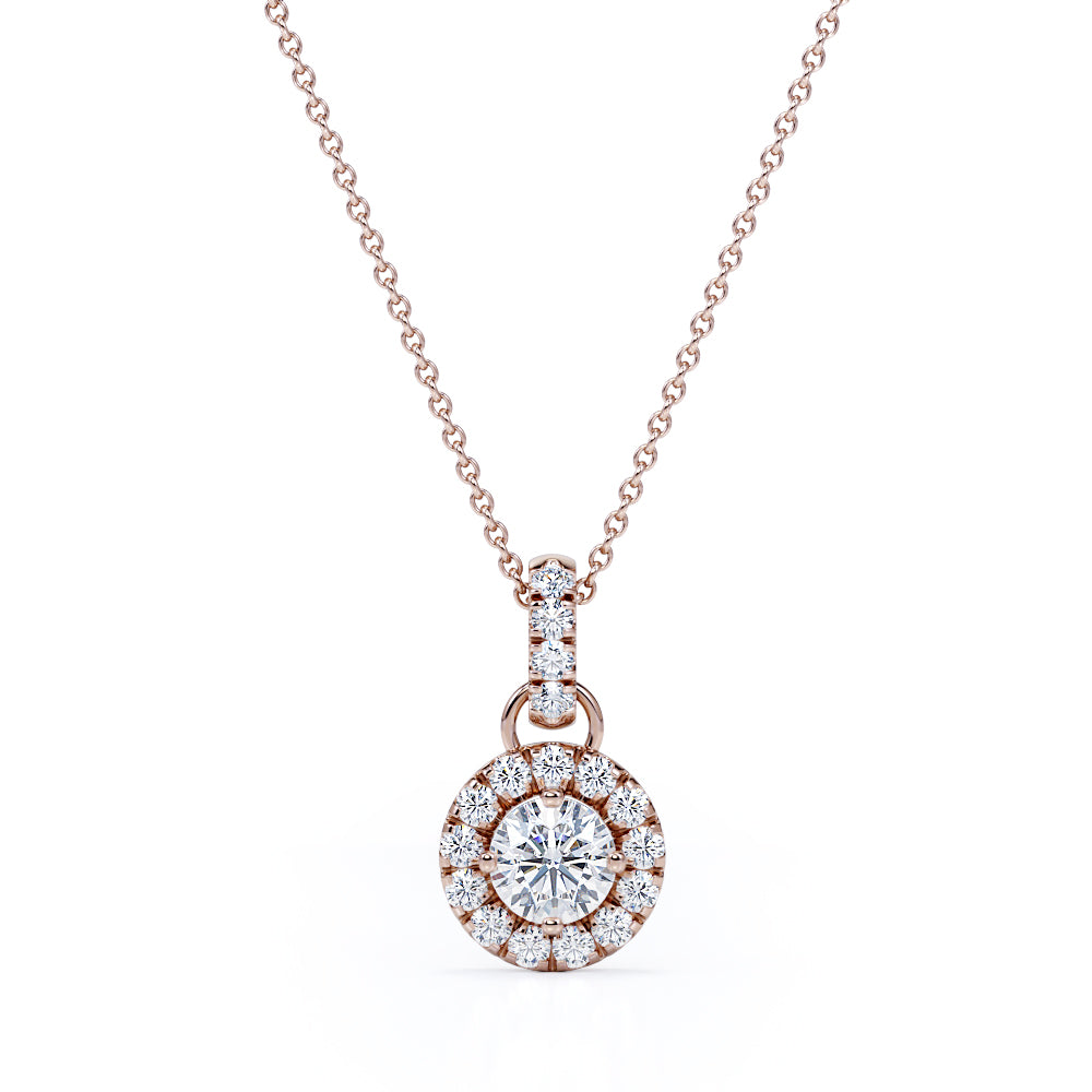 Single Bail 1.10 Carat Round Cut Certified Moissanite and Diamond Halo Shared Prong Pendant with Necklace in White Gold