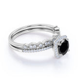 Artdeco scalloped 1.75 Carat Lab Black Diamond Wedding Ring Set for Women in White Gold