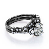 Unique 1.25 carat Oval Moissanite, Pearl and Diamond Vintage Wedding Ring Set in White Gold