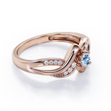 Distorted Unique Twisted Rope 0.6 carat Round Aquamarine and Moissanites Promise Ring in White Gold