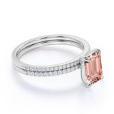 1.5 ct Emerald Peach Pink Morganite Pave Wedding Ring Set