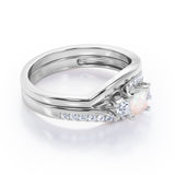 3 Stone Shared Prong - 1 TCW Princess Cut Opal and Moissanite - Pave Curved Shank Wedding Set - White Gold