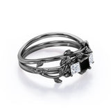 1.25 carat princess cut  Black Diamond three stone vine leaf wedding ring set in white gold