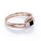 Shared Prongs 1 carat Princess Black Diamond Split Shank Band Engagement Ring in Rose Gold