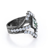 Double-Chevron 1.75 carat Kite Moss Agate and Moissanite Trio Wedding Ring Set in Black Gold