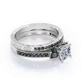 Art Deco 3-Stone 1.65 TCW Princess Cut Moissanite with Lab Created Black Diamond Cathedral Pave-Channel Wedding Ring Set in Rose Gold