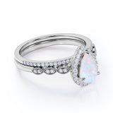 1.75 ct Antique Pear Shaped Fire Opal and Moissanite Wedding Ring Set in 18K White Gold over Silver