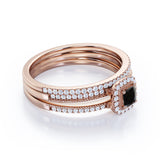 Unique 1.50 Carat Lab Black Diamond Halo Wedding Ring Set for Her in Rose Gold